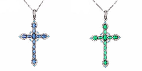 Rhodium-Plated Brass Paved Colored Zirconia Cross Necklace