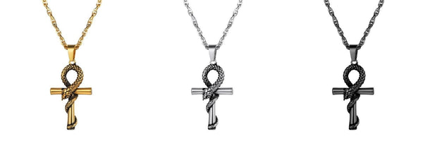 Stainless Steel Black Serpent Ankh Cross Pendant Necklace