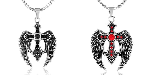 Winged Colored CZ Stainless Steel Cross Pendant Necklace