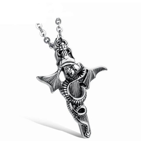 Stainless Steel Winged Coiled Dragon Sword Pendant Necklace