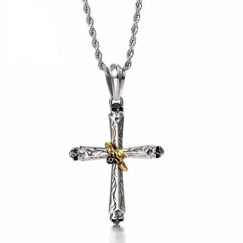 Stainless Steel Gold Skull Cross Pendant Necklace