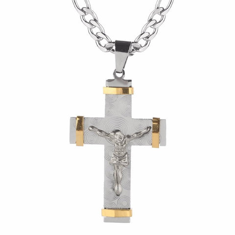 Circular Patterned Gold & Silver Crucifix Necklace