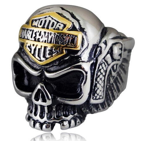 Gold & Black Stainless Steel Motorbike Skull Ring