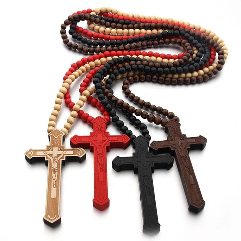 Natural Brown Prayer Bead Crucifix Pendant Necklace