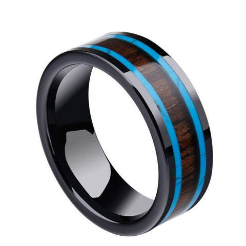 Blue Brown Wood Inlay Black Ceramic Wedding Ring