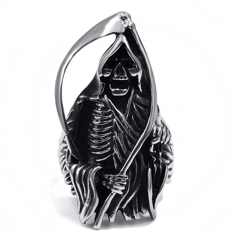 Black Oxidized Stainless Steel Grim Reaper Skull Ring