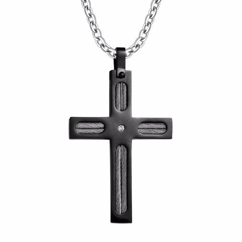 Black Steel Gray Cable Stainless Steel Cross Necklace