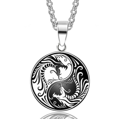 Yin & Yang Stainless Steel Asian Dragon Pendant Necklace
