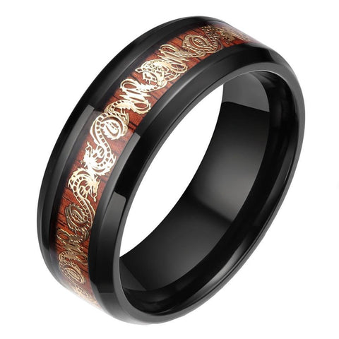 Golden Dragon Wood Inlay Titanium Wedding Ring