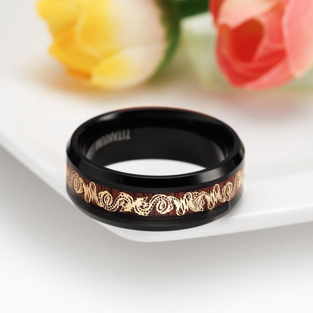 8mm Black Edge Titanium Gold Plated Dragon Design on Wood Inlay Band for Men and Women
