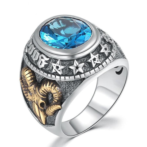 Sterling Silver Star Blue CZ Gold Ram Skull Signet Ring