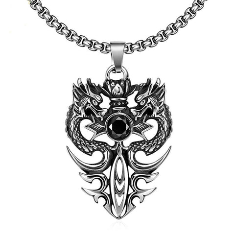 Stainless Silver Flaming Sword Vis-A-Vis Dragon Pendant Necklace