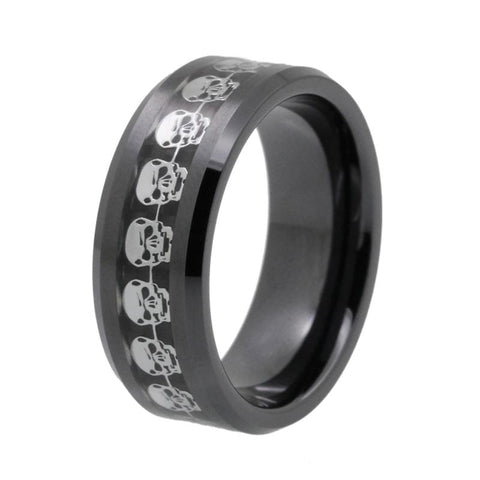 Black Tungsten Carbide Silver carbon Fiber Skull Ring