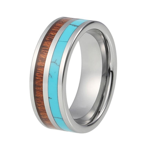 Turquoise Wood Double Inlay Tungsten Carbide Wedding Ring