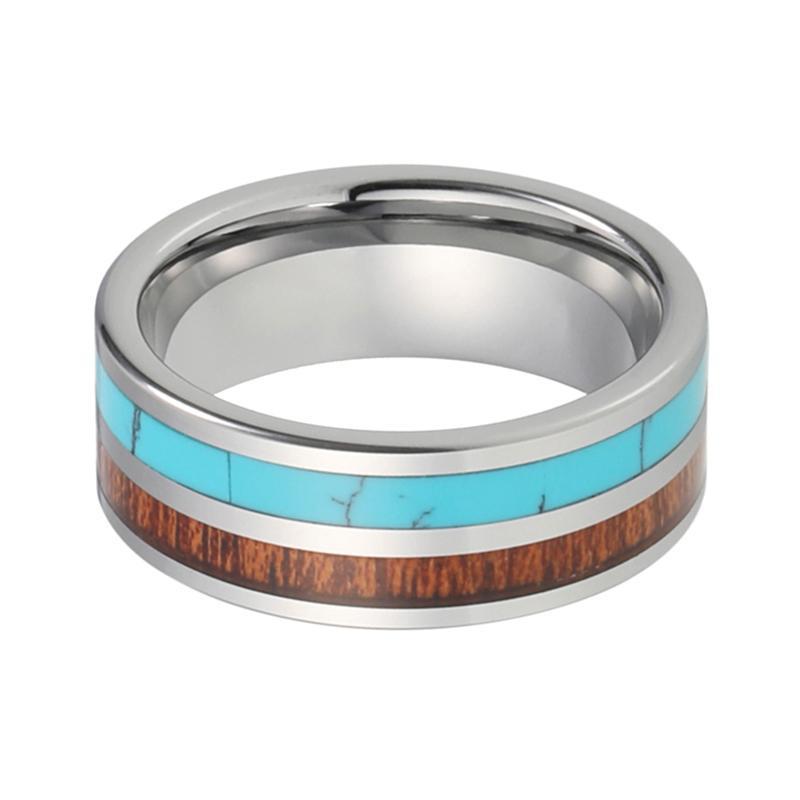 8mm Natural Wood and Turquoise Inlay with Silver Plate Tungsten Carbide Wedding Band