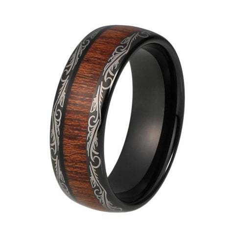 Feathered Brown Wood Black Tungsten Carbide Wedding Ring