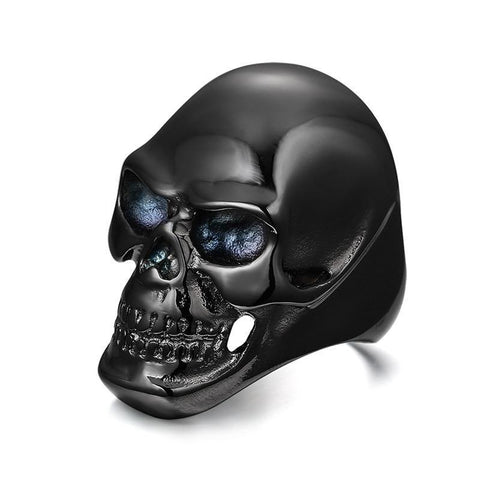 Black Stainless Steel Blue Eyed CZ Skull Ring