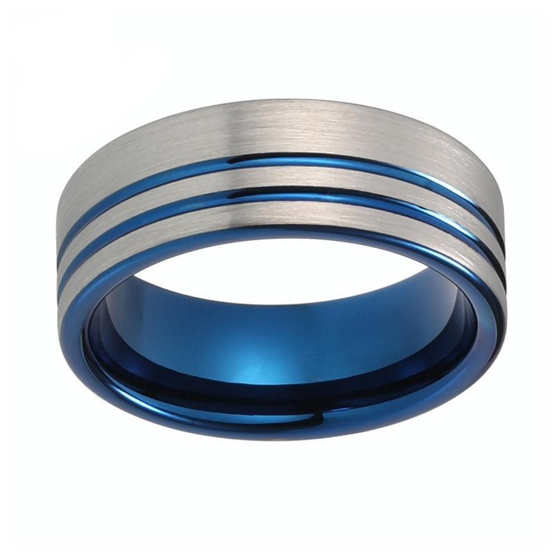 Double Groove Offset Silver Brushed Matte Blue Tungsten Carbide Wedding Ring