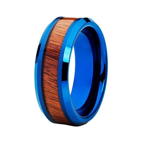 Wood Inlay Metallic Blue Tungsten Carbide Wedding Ring