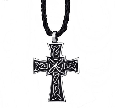 Black Silver Celtic Knot Cross Leather Necklace