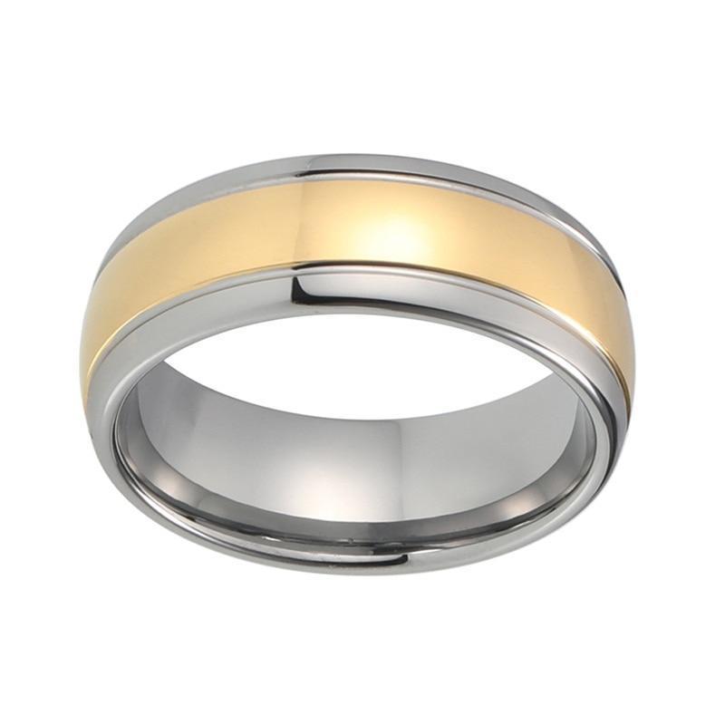 8mm Two-Tone Silver and Gold Plated Grooved, Domed Shape Tungsten Carbide Ring