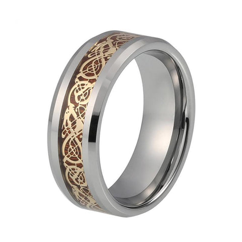 Gold Celtic Dragon Wood Inlay Tungsten Carbide Wedding Band