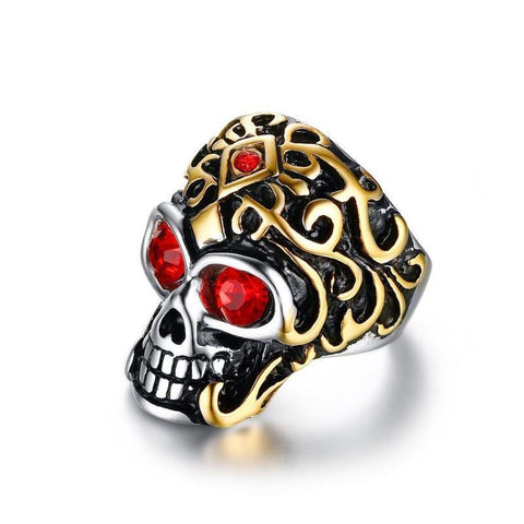 Gold & Black Stainless Steel Crimson Red CZ Skull Ring