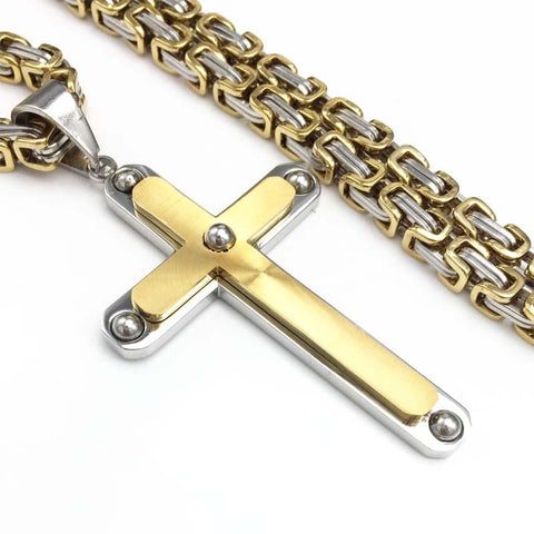 Dual-Tone Stainless Steel Bead Ball Cross Necklace