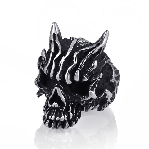 Black Stainless Steel Horned Devil Skull Ring