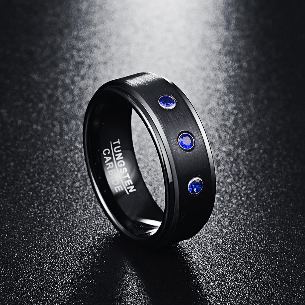 8mm Black Polished Tungsten Carbide Ring with Three CZ Stones