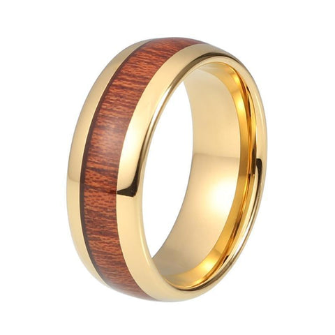 Gold-Tone Dome Rosewood Inlay Tungsten Carbide Wedding Ring