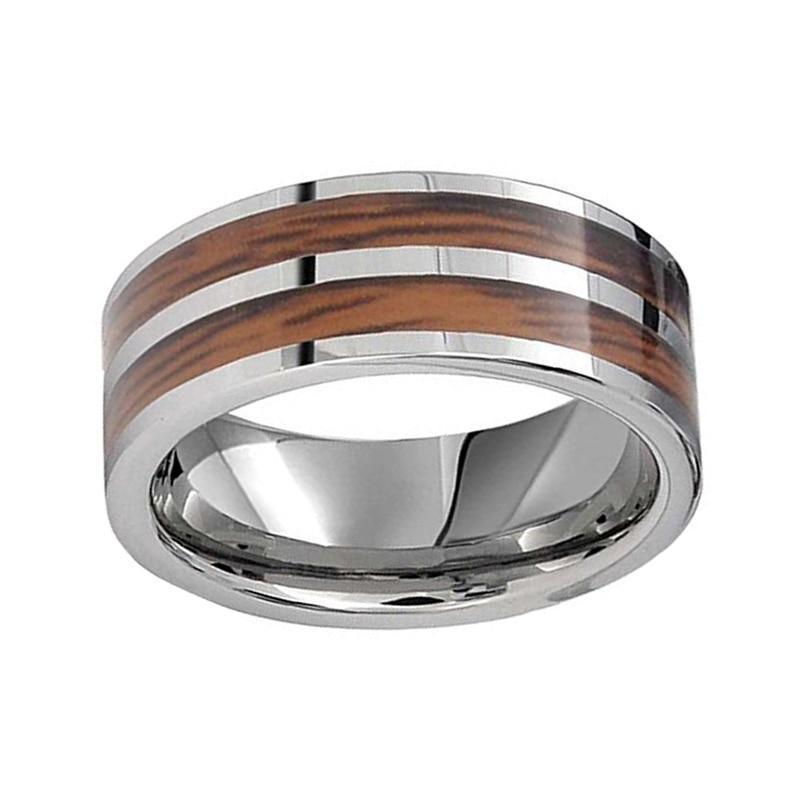 8mm Hard Mahogany Inlay with White Polished Silver Tungsten carbide Wedding Ring