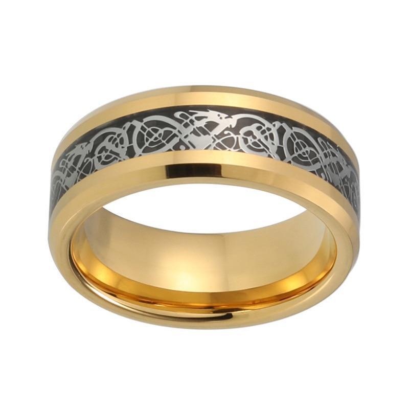 Gold Plated with Silver Dragon Design over Black Carbon Fiber Wedding Band