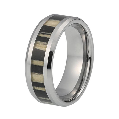 Silver-Tone Zebra Wood Tungsten Carbide Wedding Ring