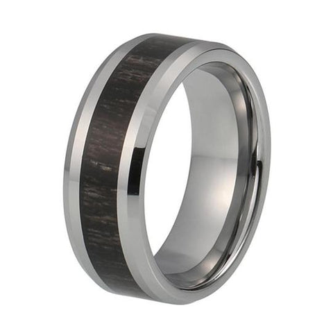 Matte Silver Dark Brown Wood Tungsten Carbide Wedding Ring