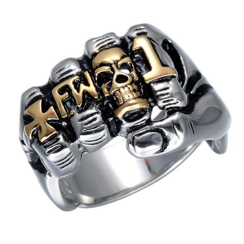 Gold & Silver Stainless Steel FW1 Knuckle Fist Skull Ring