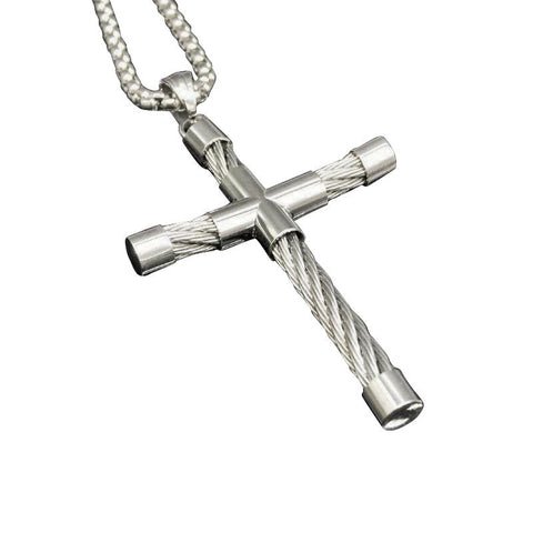 Silver-tone Stainless Steel Cable Cross Pendant Necklace