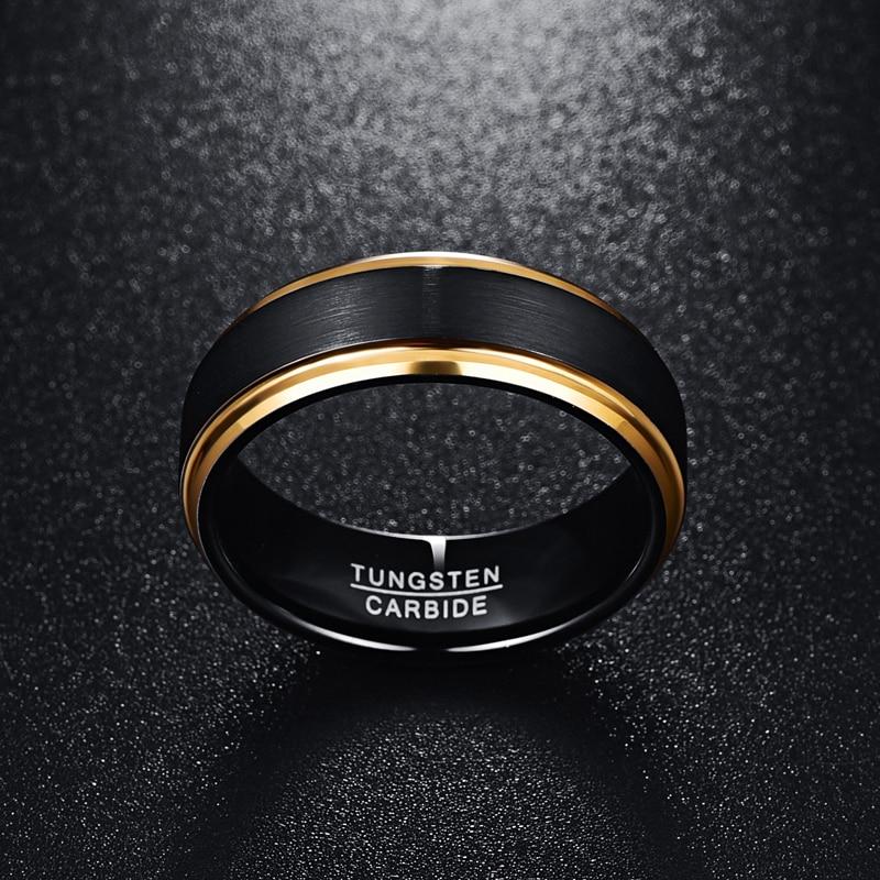 Pure Tungsten Carbide with Stepped Brushed Matte Center with Gold Plated Edges Wedding Ring