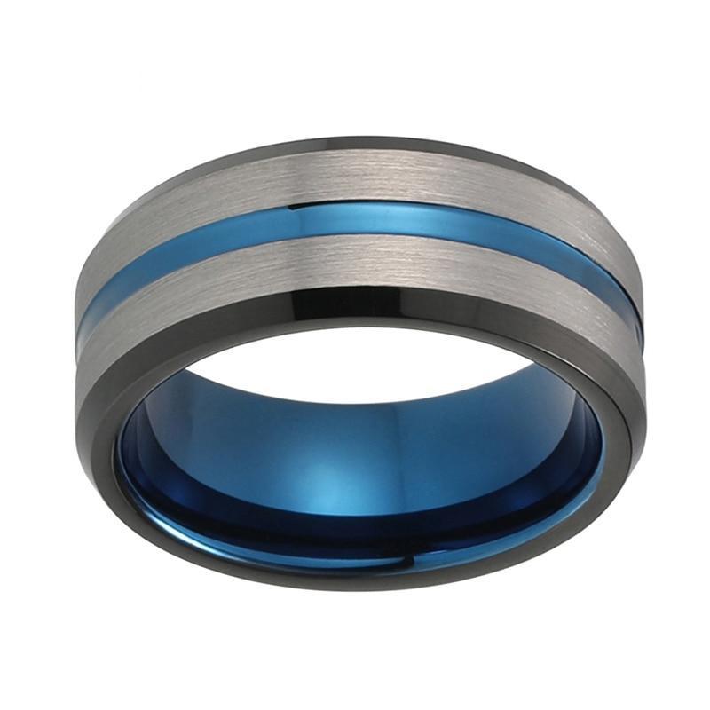 8mm Black and Blue Silver Brushed Matte Tungsten Carbide Ring