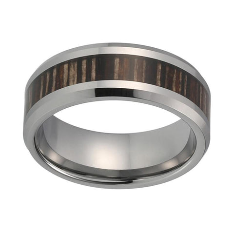 Silver-Tone Striped Brown Wood Tungsten Carbide Wedding Ring