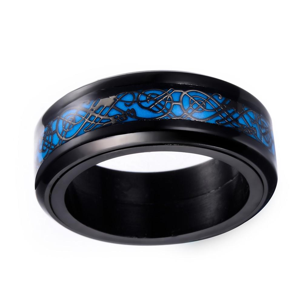 Glow in The Dark Spinner Ring with Dragon Inlay and Blue Light Tungsten Carbide Ring
