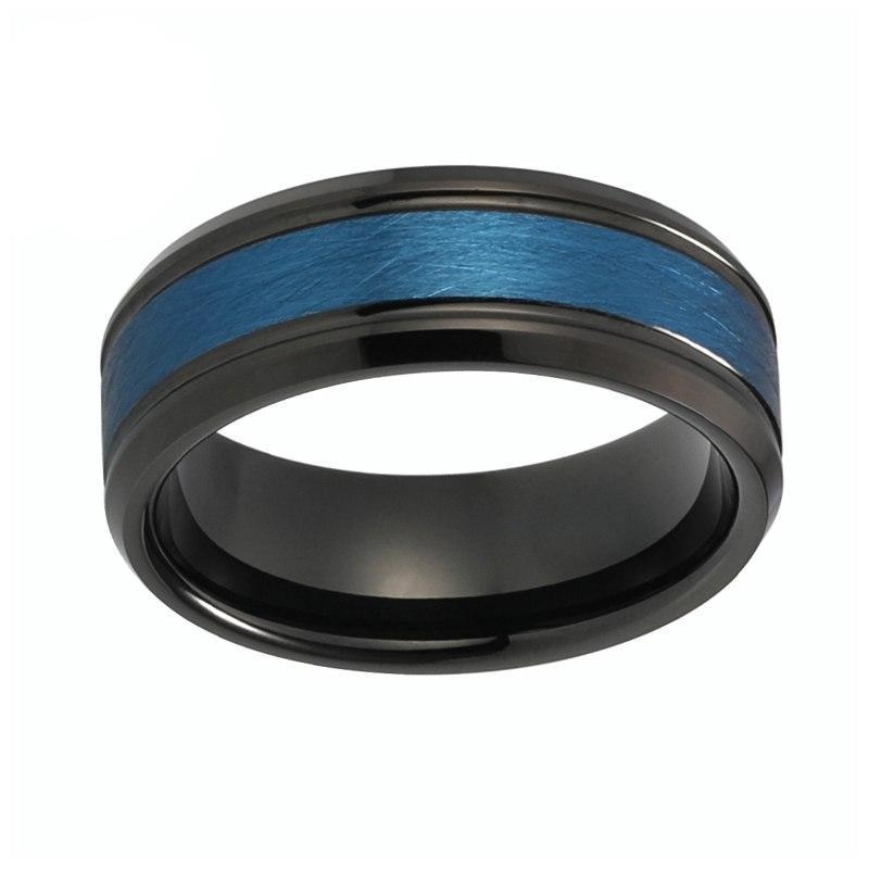 8mm Blue Center with Grooved Black Tungsten Carbide Wedding Ring