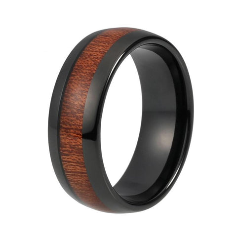 Warm Brown Wood Inlay Dome Tungsten Carbide Wedding Ring