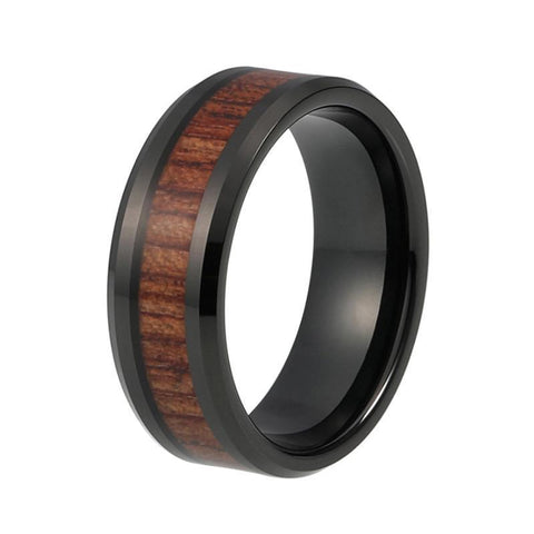 Brown Natural Striped Wood Black Tungsten Carbide Wedding Ring