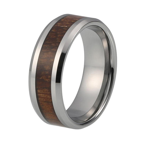 8mm Silver Organic Dark Wood Tungsten Carbide Wedding Ring