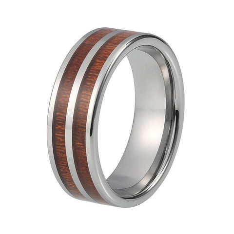 Silver-Ton Double Wood Inlay Tungsten Carbide Wedding Ring