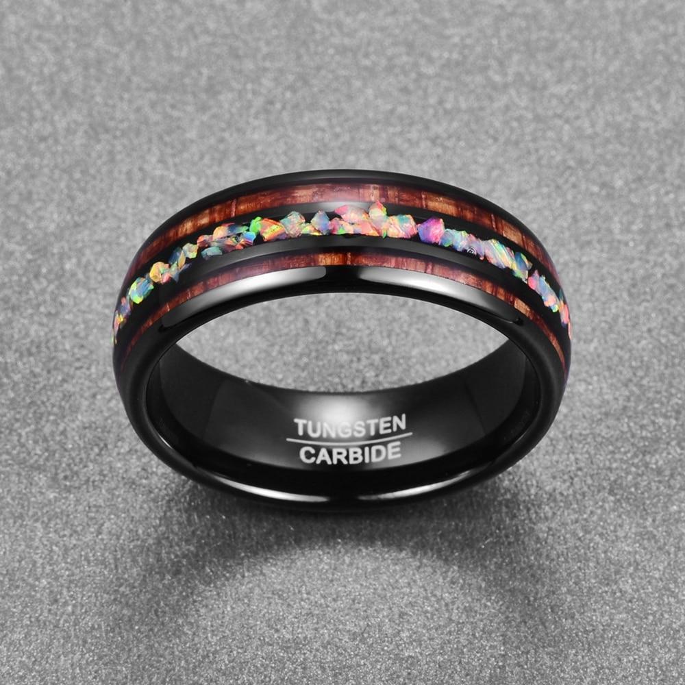 8mm Black Tungsten Carbide with Hawaiian Wood Inlay and Opal Filled Center Wedding Ring