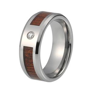 Matte Silver-Tone CZ Wood Inlay Tungsten Carbide Wedding Ring