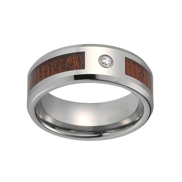 Dark Wood Inlay with Silver Coated Tungsten Carbide and CZ Stone Wedding Ring