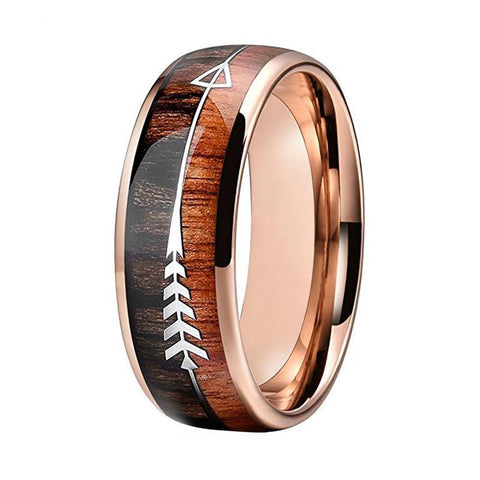 Rose Gold Natural Wood Arrow Tungsten Carbide Wedding Ring